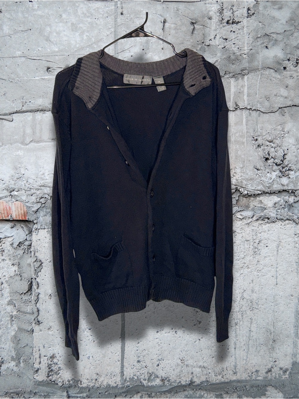 Oscar de la Renta Black Cardigan with Gray Contrast Collar
